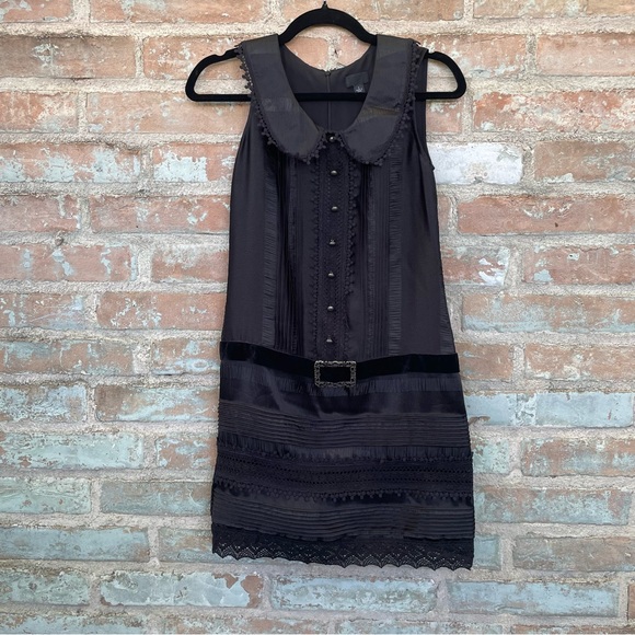 Anna Sui x Target Shift Dress Black Satin 20s Drop Waist Peter Pan Collar - Picture 3 of 15